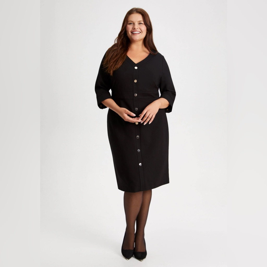 Nwt Laura Black V-Neck Dress With Gold Accent Buttons.